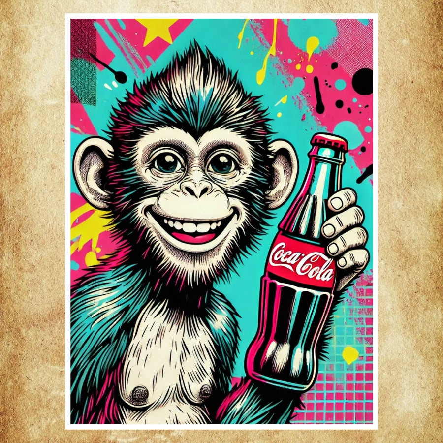 Décoration murale Pop Art Singe Coca Cola – affiche unique et colorée pour une décoration moderne. Parfaite pour ajouter une touche artistique et vibrante à votre salon, bureau ou chambre.