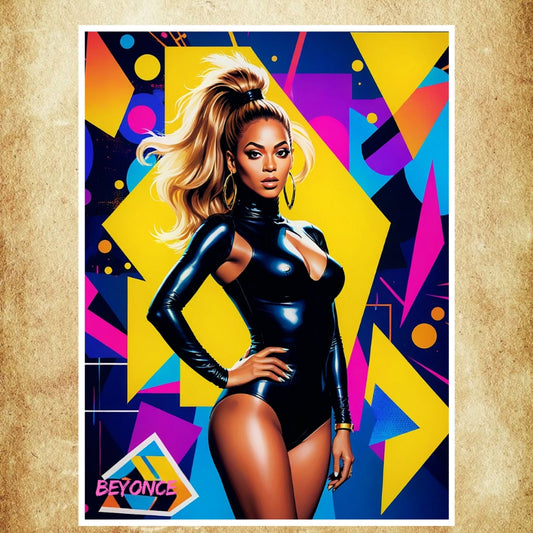 Affiche pop art de Beyoncé dans un style vibrant et coloré, parfaite pour une décoration moderne.