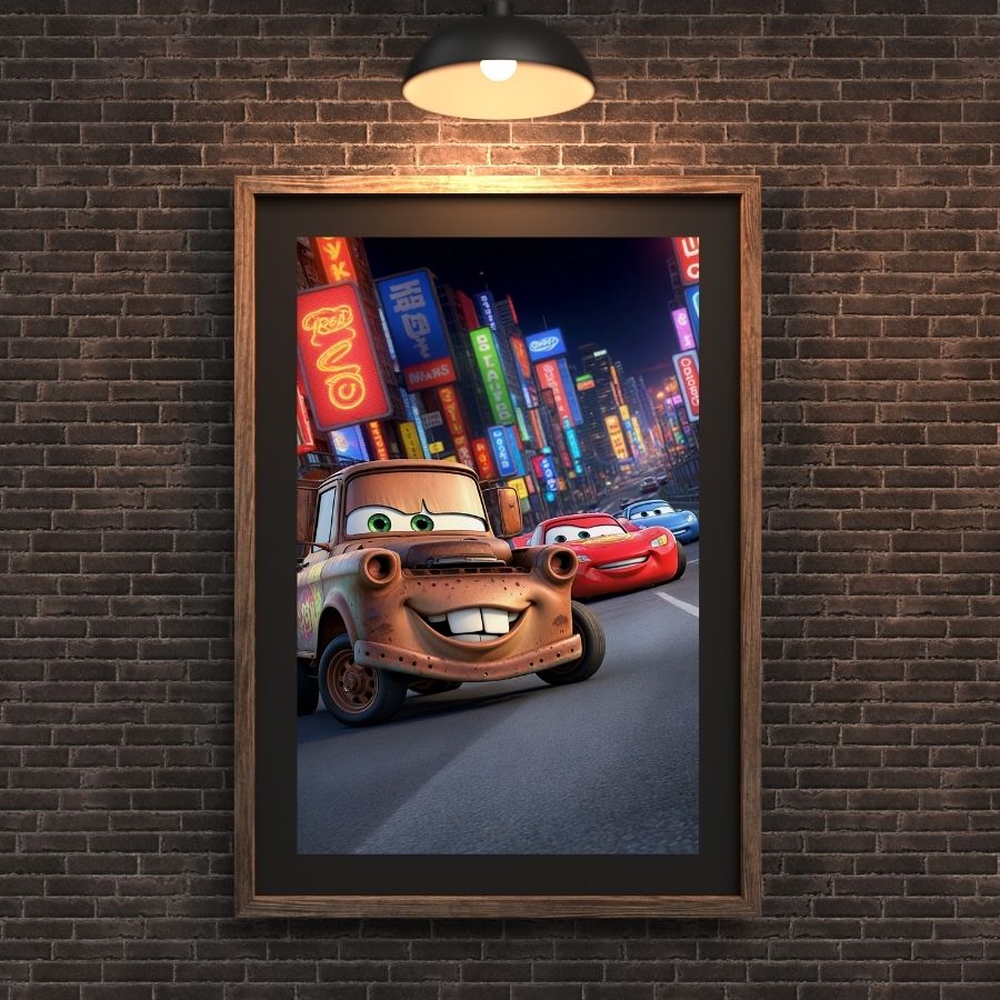 Affiche Cars avec Flash McQueen et Martin, ambiance nocturne aux néons colorés, décoration murale pour fans Disney Pixar.