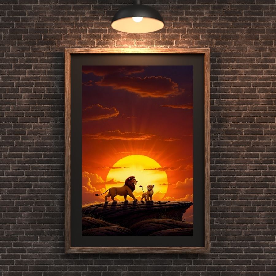 Affiche Du Roi Lion avec Simba et Mufasa illuminés par un coucher de soleil vibrant, idéale pour une décoration murale inspirante.