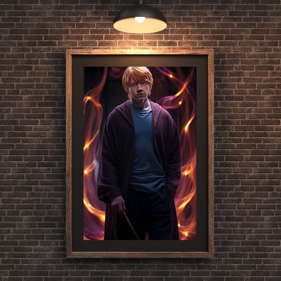 Affiche Harry Potter avec Ron Weasley entouré d’effets lumineux magiques, décoration murale idéale pour les fans et les amateurs de magie.