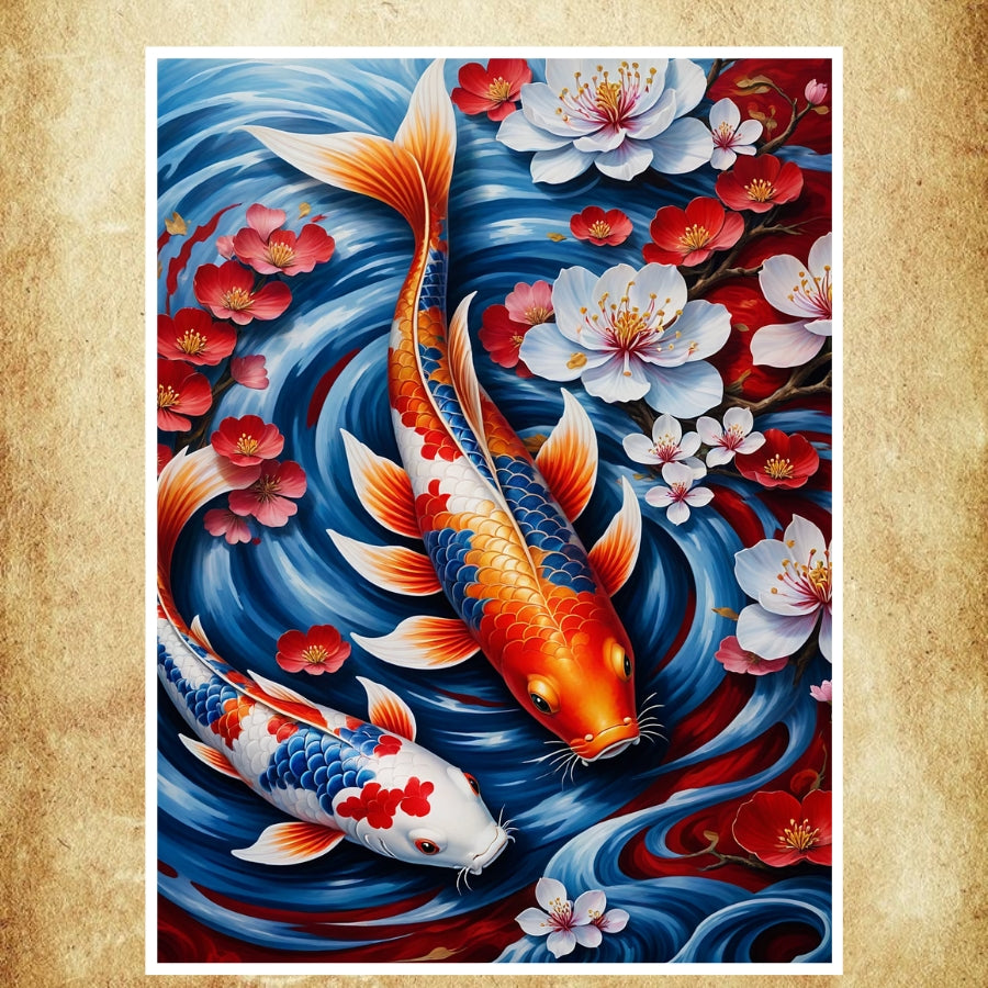 Affiche japonaise représentant deux carpes Koi colorées entourées de fleurs de cerisier, idéale pour une décoration zen et raffinée.