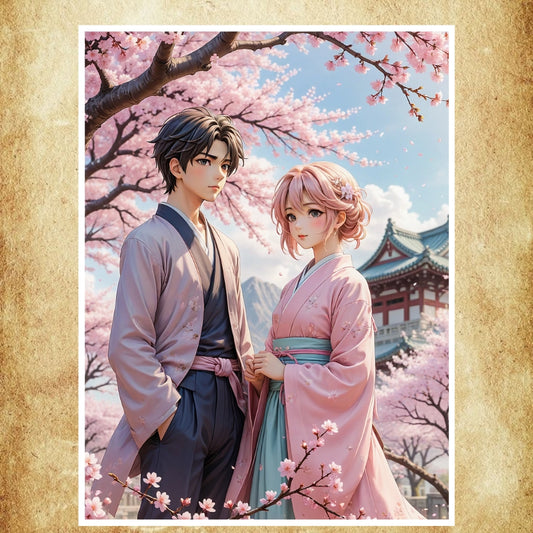 Affiche représentant un couple en kimono sous des cerisiers en fleurs, parfaite pour une décoration élégante et romantique.