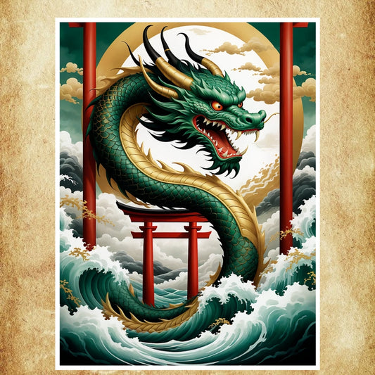 Affiche japonaise représentant un dragon majestueux enroulé autour d’un Torii, émergeant des vagues, symbole de puissance et de spiritualité.