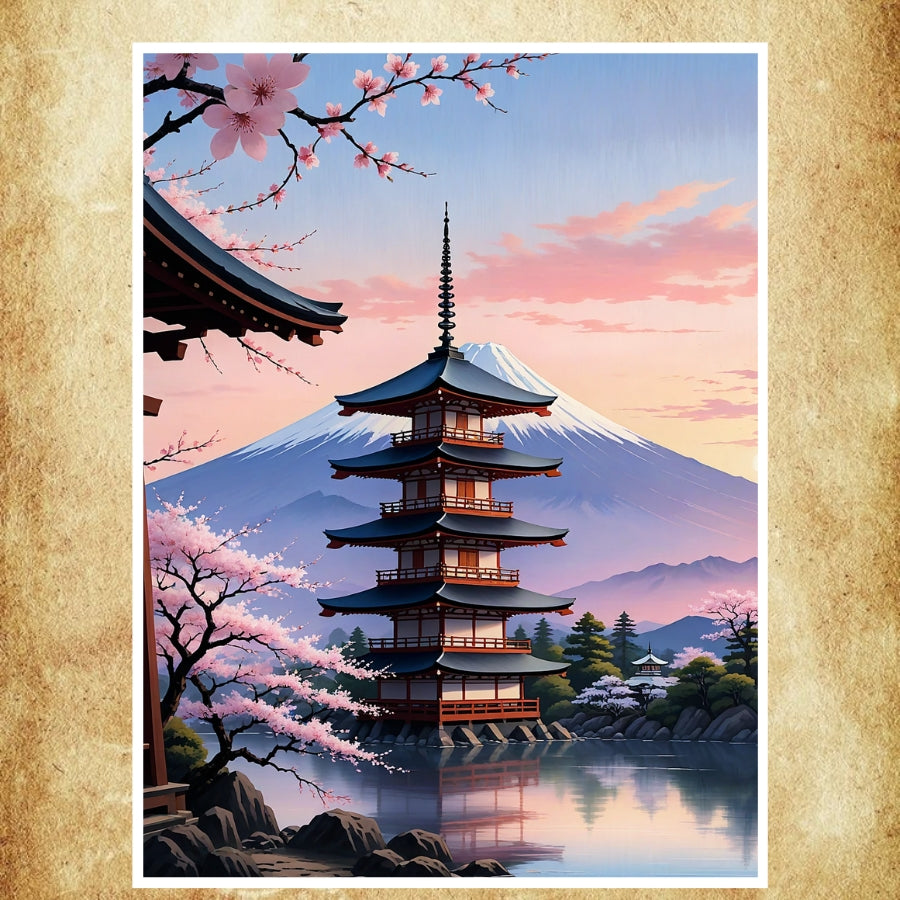 Affiche japonaise représentant le Mont Fuji avec une pagode traditionnelle et des cerisiers en fleurs, idéale pour une décoration zen.