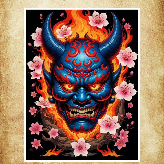 Affiche japonaise représentant un Oni démon bleu entouré de flammes et de fleurs de cerisier, idéale pour une décoration percutante et culturelle.