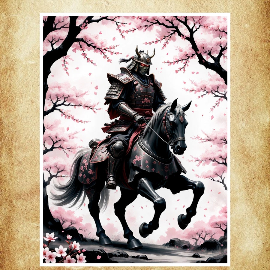 Affiche artistique représentant un samouraï majestueux à cheval sous des cerisiers en fleur.