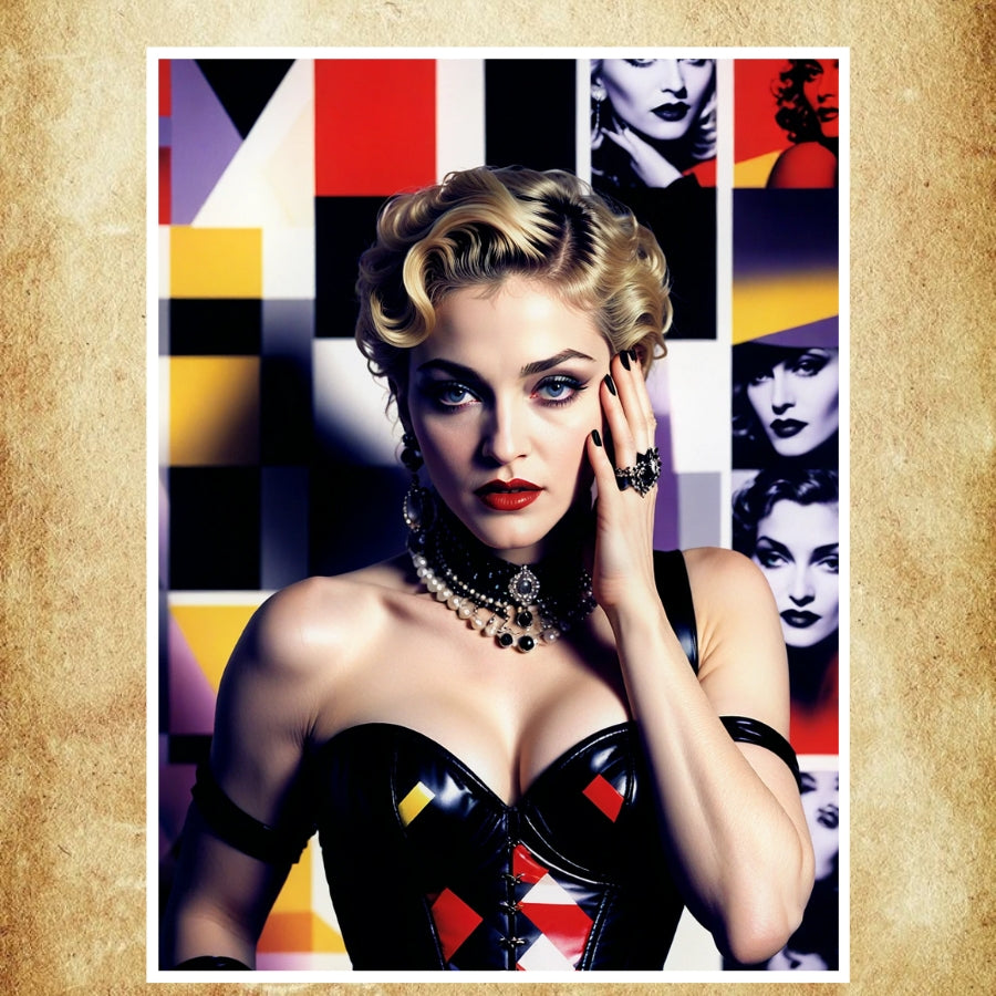 Affiche pop art vibrant de Madonna avec des couleurs éclatantes et des motifs graphiques emblématiques.