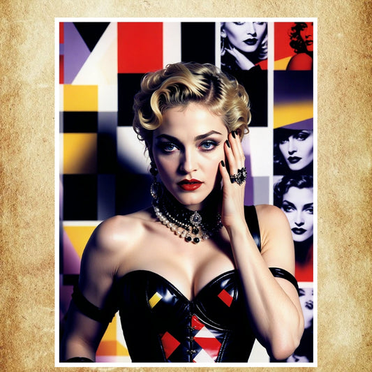 Affiche pop art vibrant de Madonna avec des couleurs éclatantes et des motifs graphiques emblématiques.