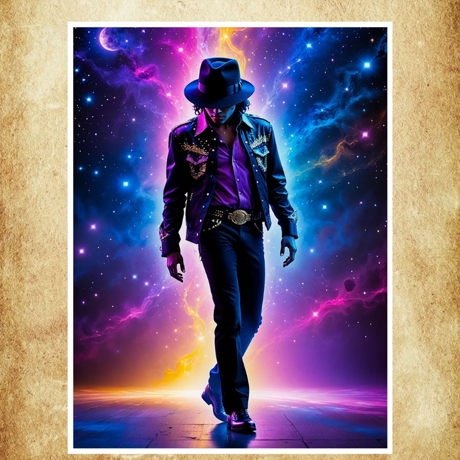 Affiche artistique de Michael Jackson dans une pose iconique, entouré d’effets lumineux vibrants.