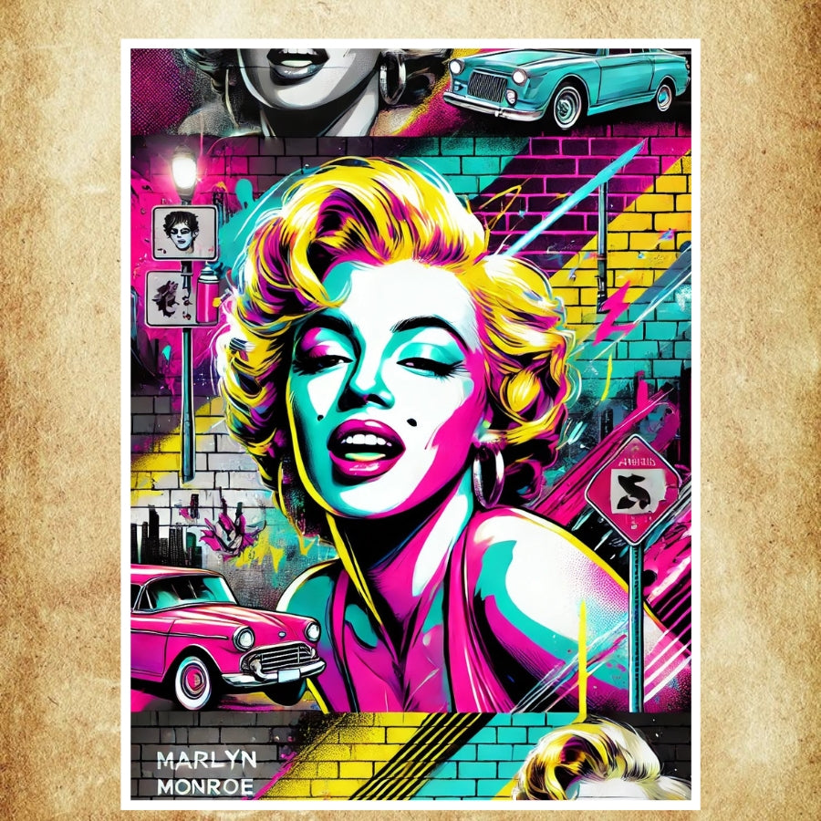 Affiche Pop Art Marilyn Monroe dans un style urbain, mélange d’art rétro et moderne, parfaite pour sublimer votre décoration murale contemporaine.