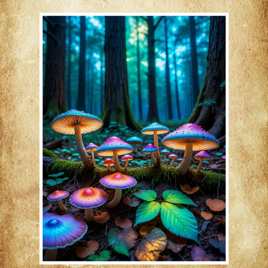 Affiche psychédélique représentant des champignons lumineux dans une forêt mystique, idéale pour une décoration artistique et captivante.