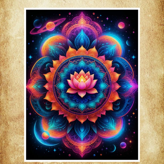 Affiche psychédélique représentant un mandala coloré avec un lotus cosmique au centre, parfaite pour une ambiance zen et équilibrée.