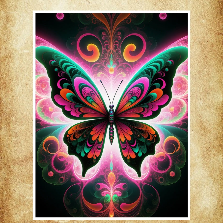 Affiche psychédélique représentant un papillon lumineux orné de motifs hypnotiques, idéale pour une décoration artistique et captivante.