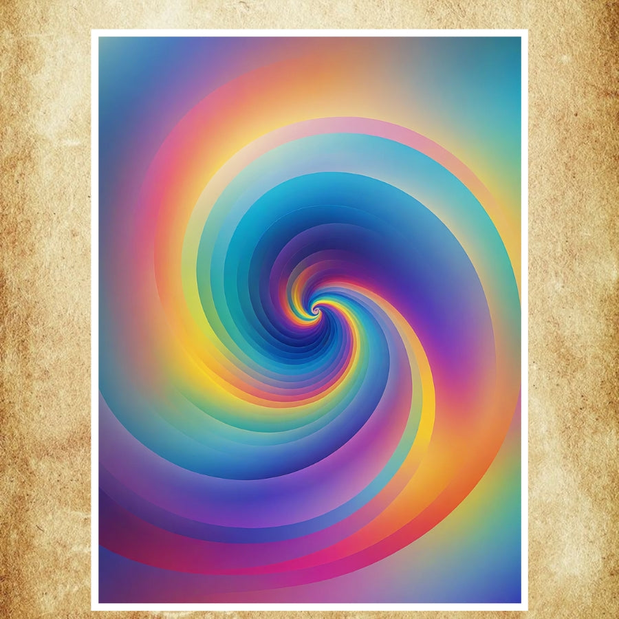 Affiche psychédélique représentant une spirale lumineuse avec des dégradés arc-en-ciel, idéale pour une décoration apaisante et captivante.