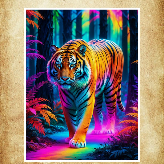 Affiche psychédélique représentant un tigre majestueux dans une jungle aux couleurs vibrantes, idéale pour une décoration artistique et captivante.