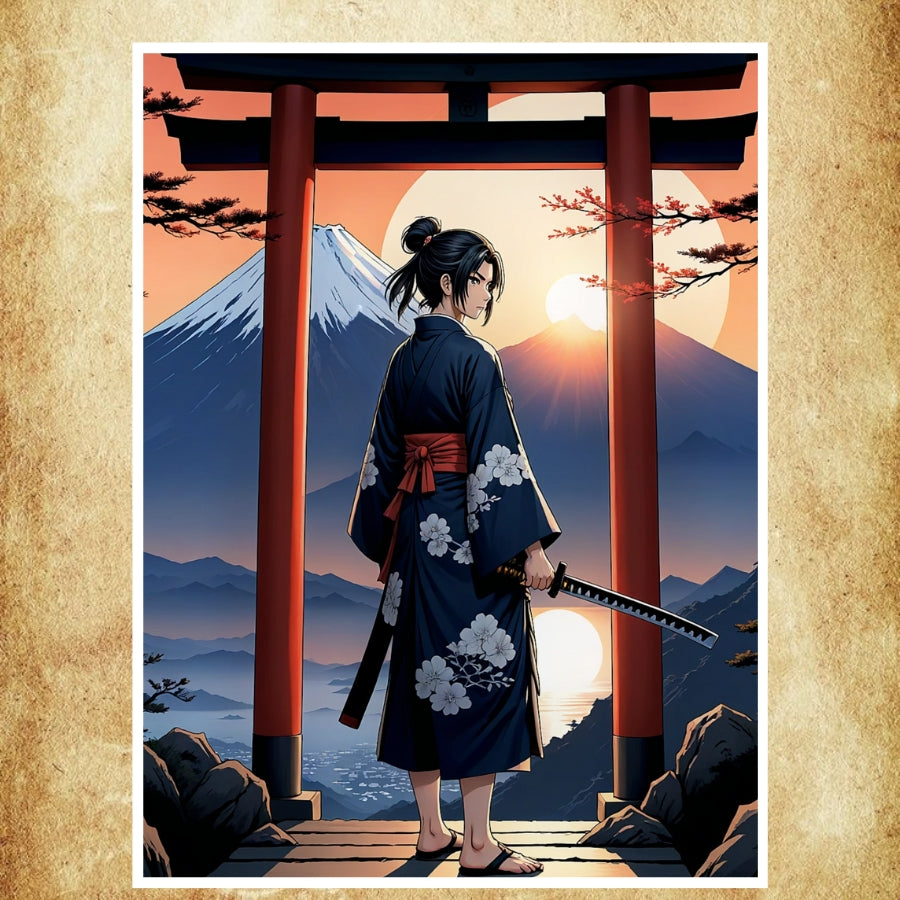 Affiche représentant un samouraï japonais sous un torii traditionnel, avec le Mont Fuji en arrière-plan au coucher du soleil.