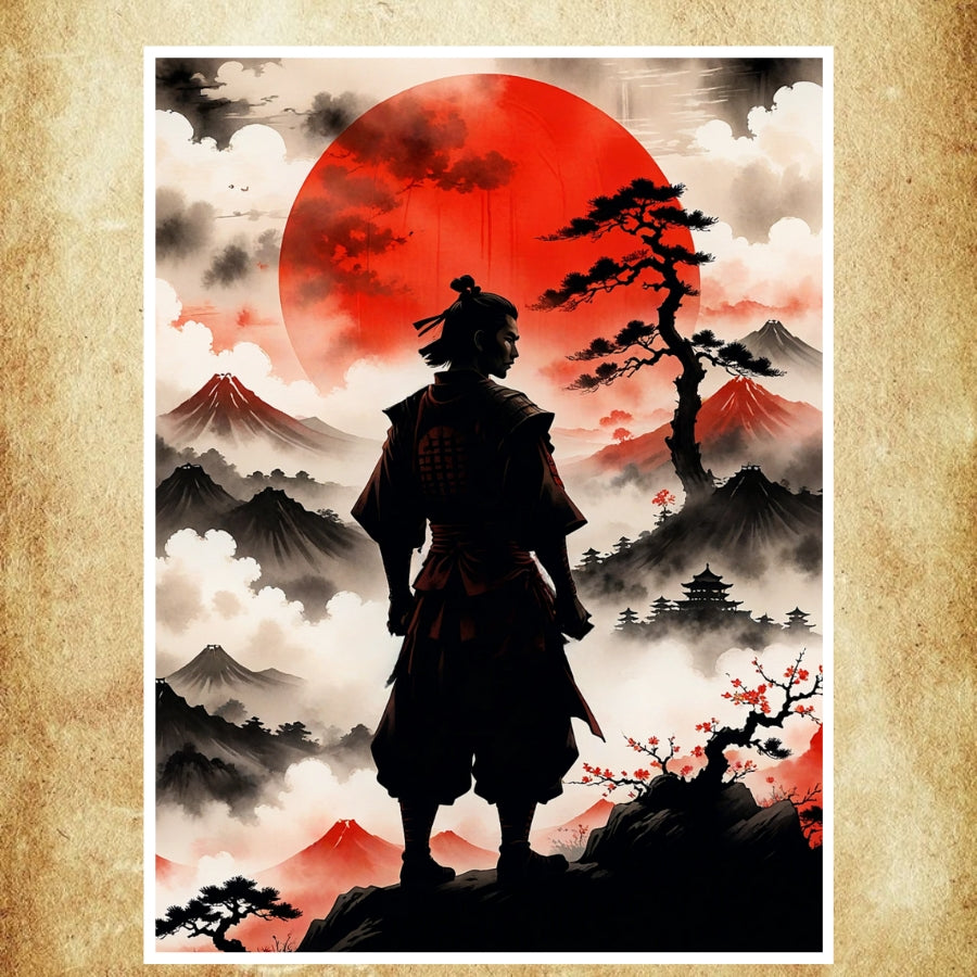 Illustration japonaise avec un samouraï en ombre portée, entouré de montagnes et d’un soleil rouge éclatant.