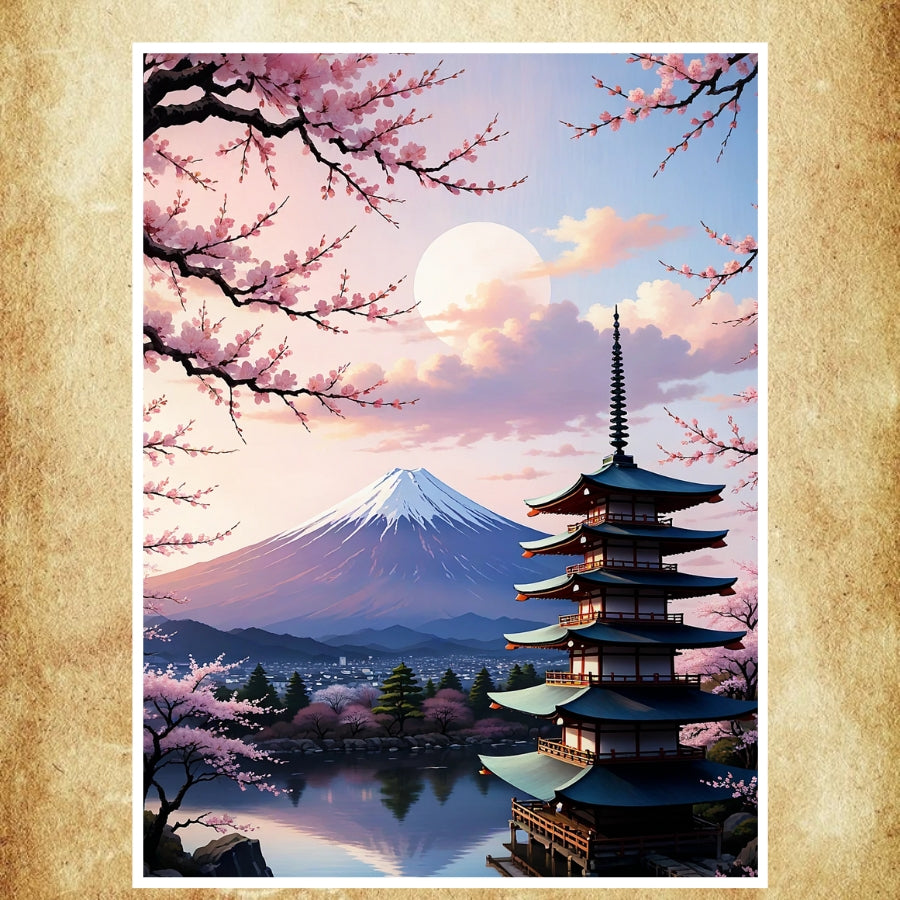 Paysage japonais avec le Mont Fuji et une pagode, conçu pour sublimer un salon ou une chambre.