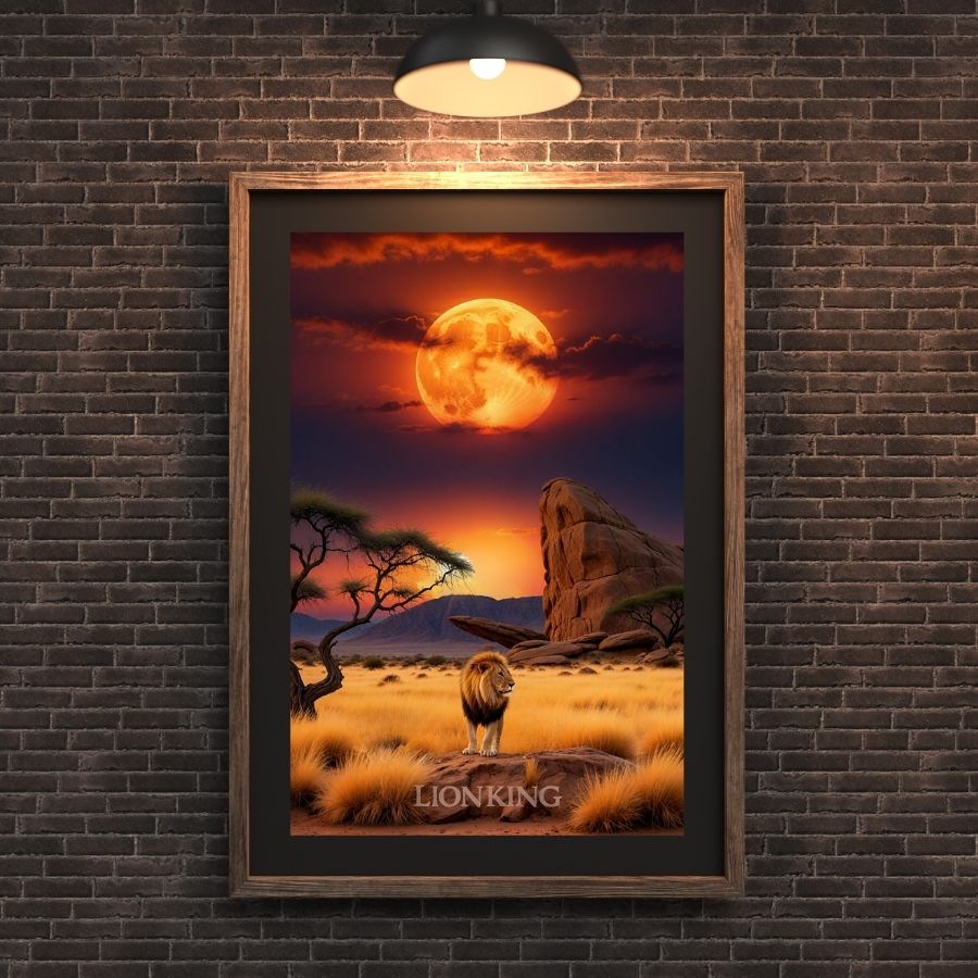 Affiche Le Roi Lion représentant un lion sous un coucher de soleil vibrant, idéal pour une décoration murale inspirante et captivante.