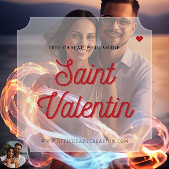 Image promotionnelle pour un cadeau de Saint-Valentin avec un couple souriant, entouré d'effets lumineux, et le texte 'Idée cadeau pour votre Saint-Valentin' au centre