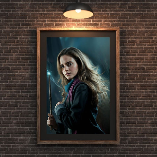 Affiche Harry Potter avec Hermione Granger, baguette magique à la main, scène captivante et décor inspirant, parfaite pour fans et décoration intérieure magique.