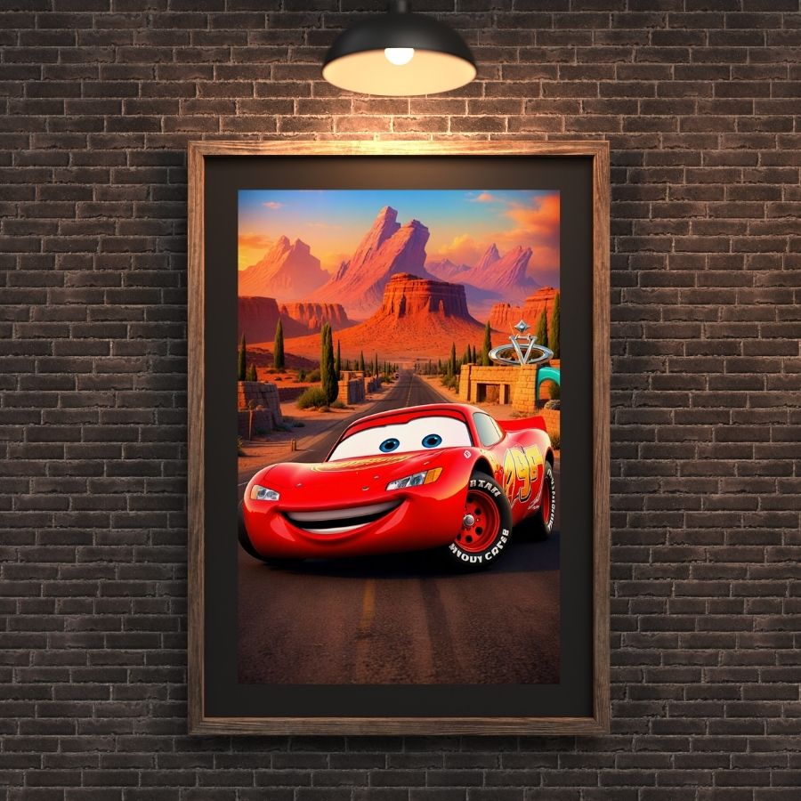 Poster Cars Flash McQueen avec paysage de Radiator Springs, décoration murale colorée pour enfants et fans de l’univers Disney Pixar.