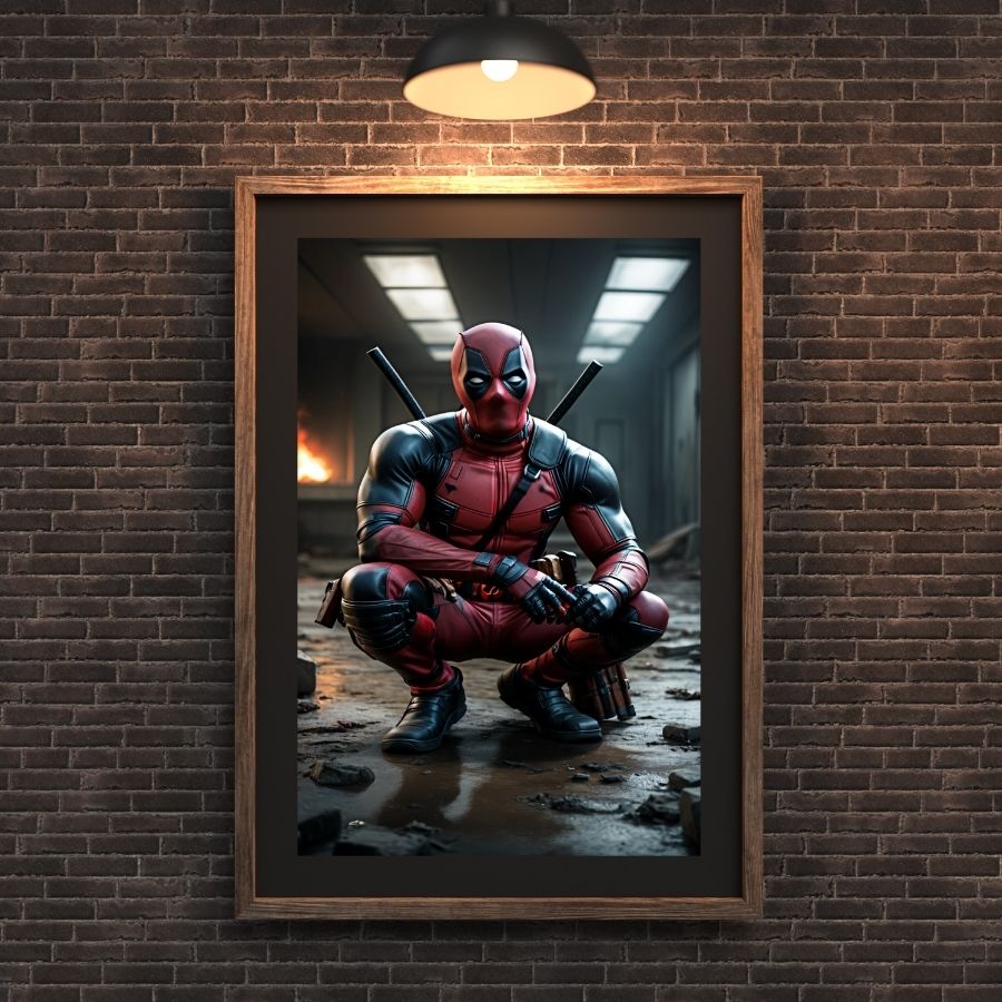 Poster Deadpool – Marvel avec le célèbre anti-héros dans une posture emblématique, parfait pour une décoration murale audacieuse et originale.