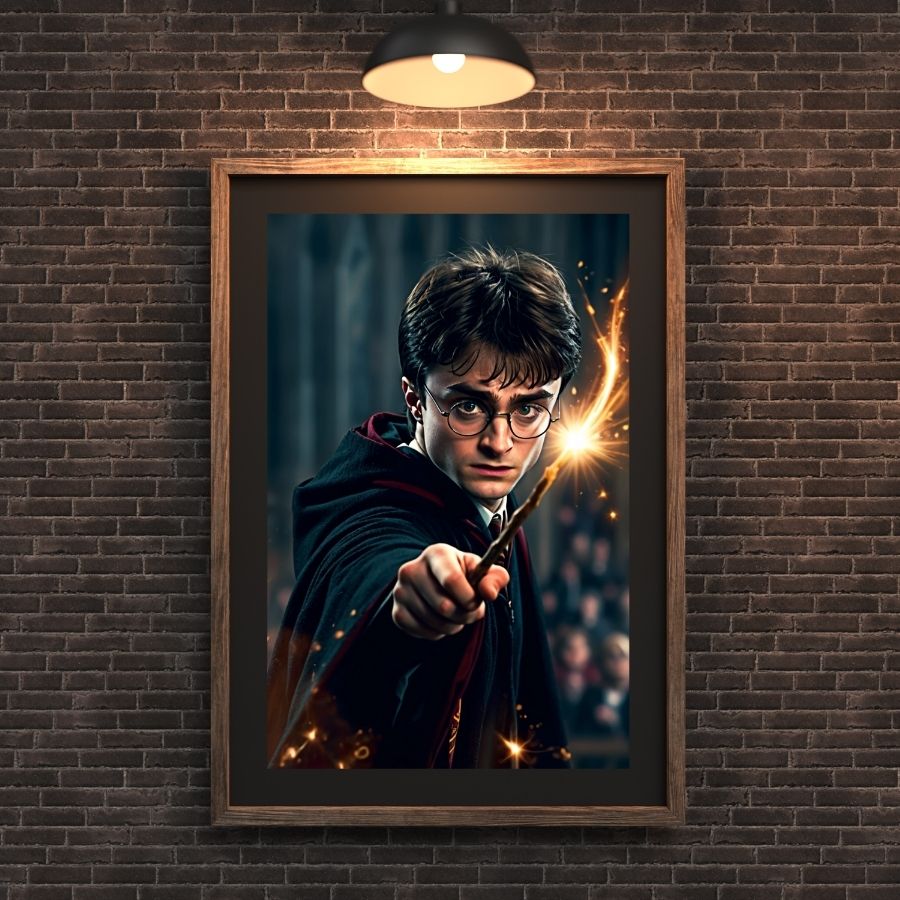 Poster Harry Potter avec baguette magique, pose emblématique et décor captivant, décoration murale pour fans et passionnés de l’univers magique.