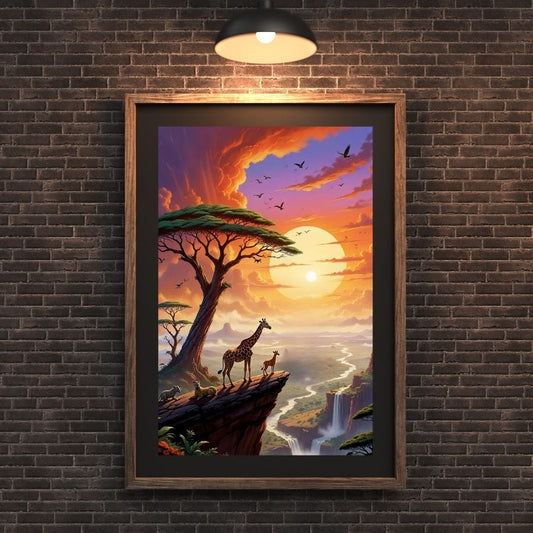 Poster Le Roi Lion avec coucher de soleil vibrant, savane africaine et animaux majestueux, décoration idéale pour fans de Disney et amoureux de la nature.