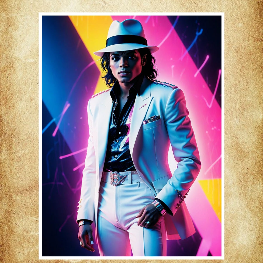 Poster vibrant de Michael Jackson en costume blanc, un hommage à son style et son charisme.