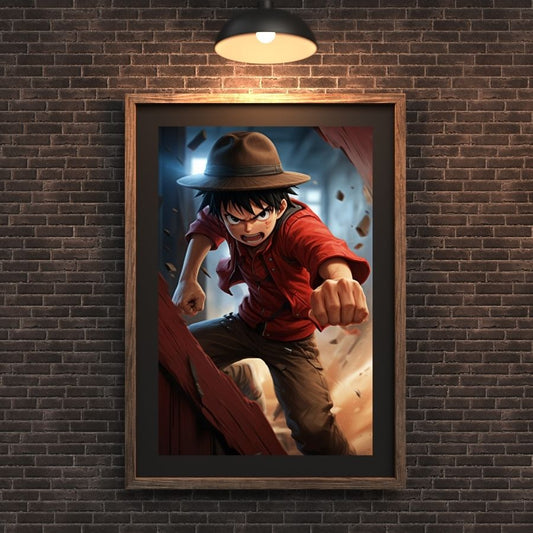 Poster One Piece – Luffy en Action, décoration murale idéale pour les fans de manga.