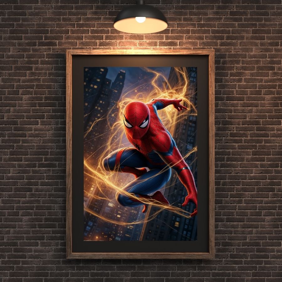 Poster Spider-Man – Marvel, mettant en scène le super-héros en pleine acrobatie avec des effets lumineux impressionnants.