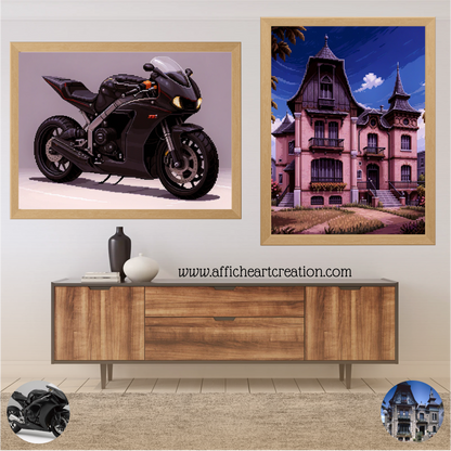 Affiche personnalisée Pixel Art avec une moto et une maison, style rétro gaming.