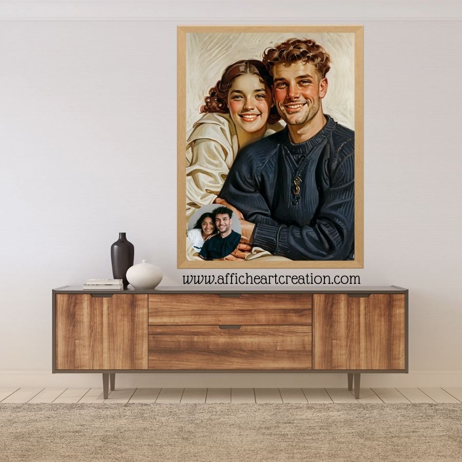 Affiche personnalisée représentant un couple dans un style rétro, parfaite pour ajouter une touche sentimentale et vintage à votre intérieur.