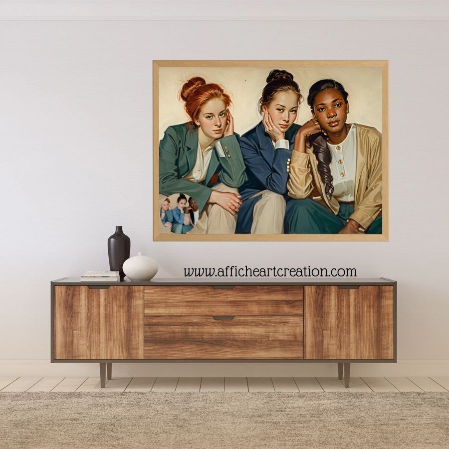 Portrait de trois femmes dans un style rétro chic, idéal pour une décoration murale unique et raffinée.