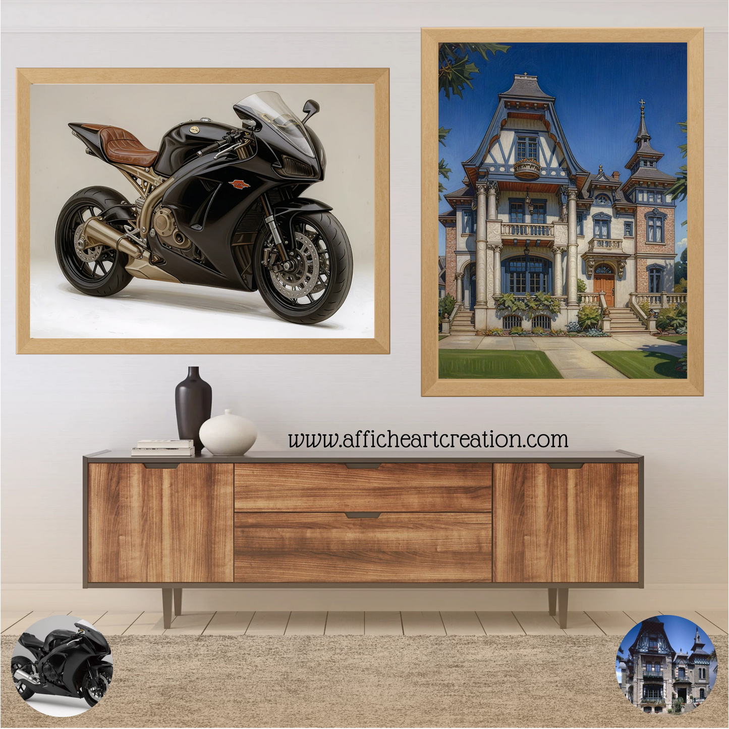 Une affiche personnalisée au style rétro combinant une moto et une maison ancienne, pour une décoration vintage qui raconte une histoire.