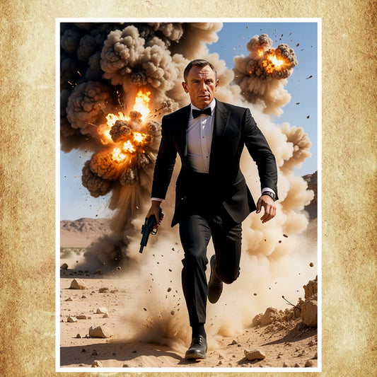 Affiche représentant l’Agent 007 en pleine mission, courant à travers le désert avec une explosion en arrière-plan.