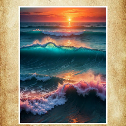 Affiche Aquarelle Mer illustrant des vagues au coucher de soleil avec des teintes éclatantes et chaleureuses.