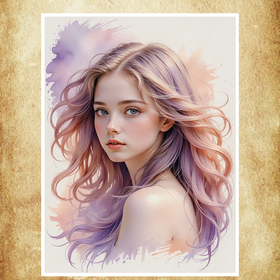 Portrait aquarelle féminin avec des nuances délicates et des dégradés artistiques pour une décoration murale élégante.