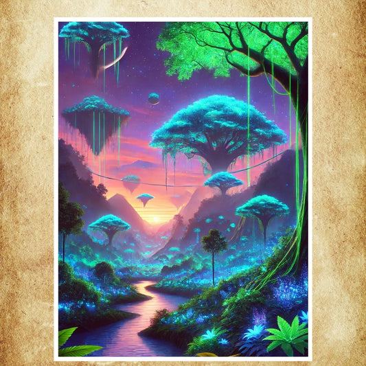 Affiche art numérique forêt lumineuse avec des arbres scintillants et un ciel féérique, idéale pour une décoration murale apaisante et magique.