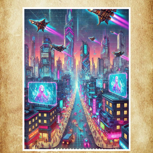 Affiche art numérique représentant une métropole futuriste avec des néons et une architecture cyberpunk, idéale pour une décoration murale moderne et visionnaire.