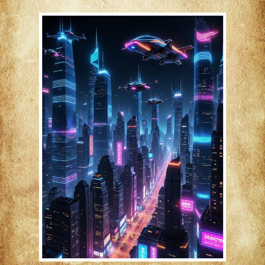 Affiche art numérique d’une ville futuriste illuminée par des néons, parfaite pour une décoration murale moderne et inspirée du style cyberpunk.