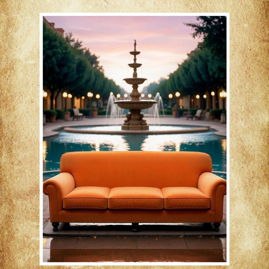 Affiche inspirée de la série Friends, mettant en avant le célèbre canapé orange devant une fontaine, parfaite pour une décoration rétro et cosy.