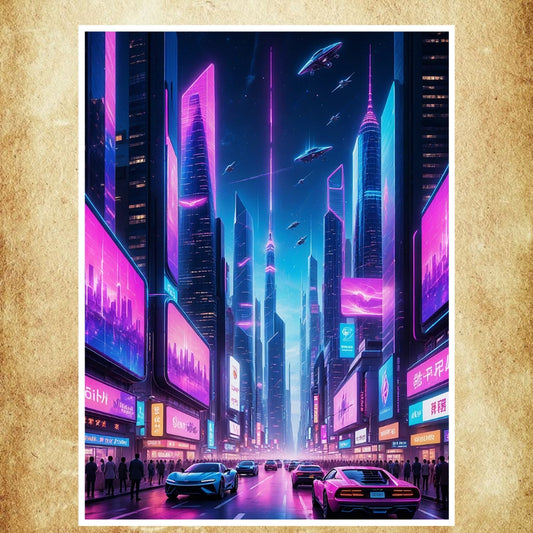 Affiche Cyberpunk High-Tech représentant une ville futuriste baignée de néons vibrants et d’une architecture ultra-technologique.