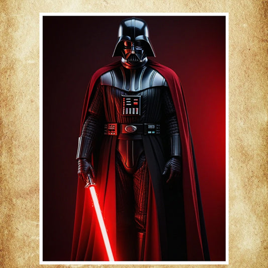 Affiche représentant Dark Vador en armure noire, sabre laser rouge allumé, sur un fond sombre et intense.