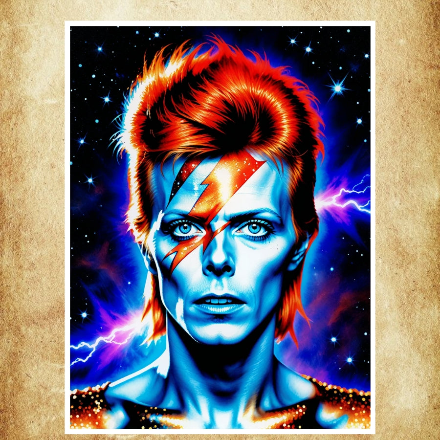 Portrait emblématique de David Bowie, reprenant le maquillage iconique d'Aladdin Sane, avec une ambiance électrisante et futuriste.