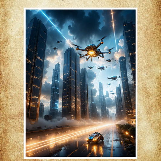 Affiche représentant un escadron de drones militaires survolant une ville futuriste aux gratte-ciels imposants et aux lumières néon.