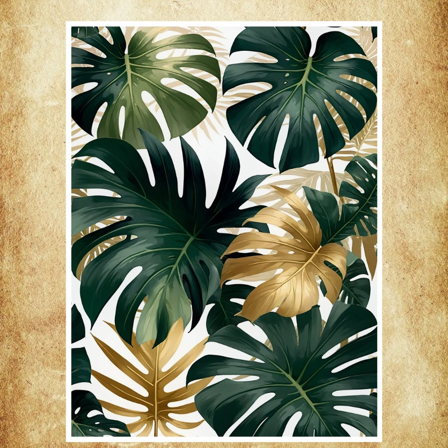 Affiche feuilles tropicales avec nuances vertes et dorées, parfaite pour une déco jungle.