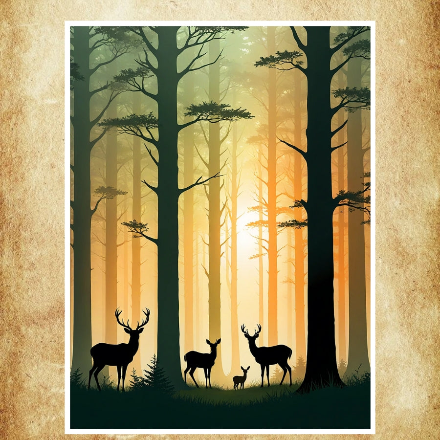 Affiche représentant des cerfs en silhouette dans une ambiance dorée.